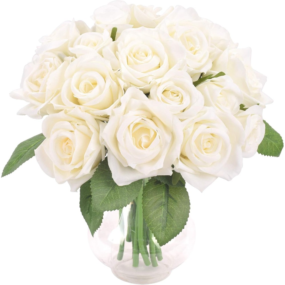 Soft white artificial rose bouquets with buds (pair, 27cm)