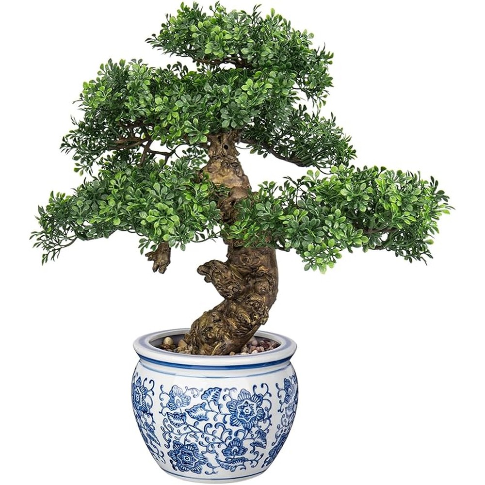 Tall artificial podocarpus bonsai in a blue and white pot (43cm)