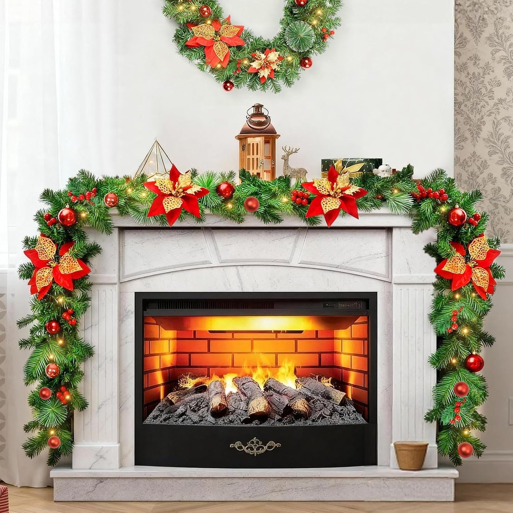 Timiyou red poinsettia Christmas garland with timer lights (270cm)