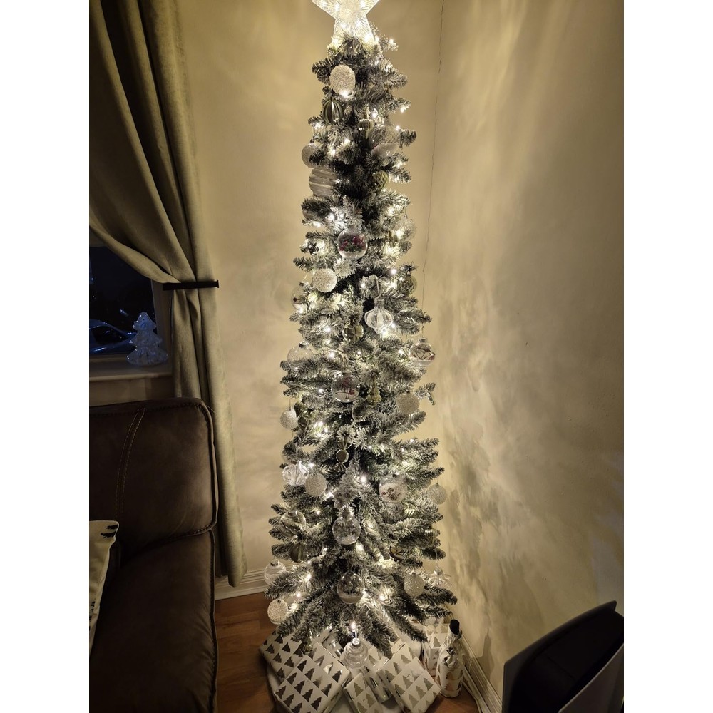 Customer display: WeRChristmas snowy pencil Christmas tree with warm white lights (6ft 6in)
