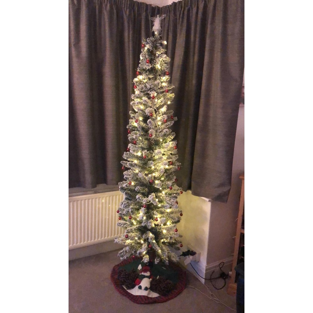 Customer display: WeRChristmas snowy pencil Christmas tree with warm white lights (6ft 6in)
