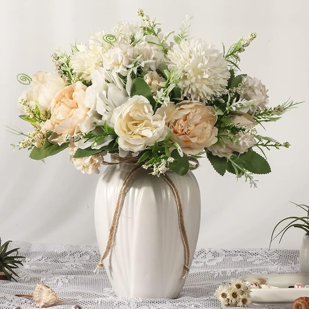 White and champagne artificial peony bouquet in a ceramic vase (29cm)