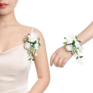 White and sage artificial wedding corsages for wrist or shoulder (pair)