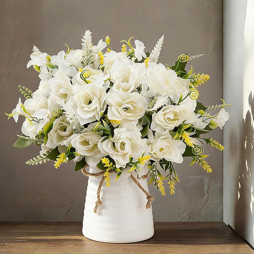 White artificial gardenia bouquet with a ceramic vase (32cm)