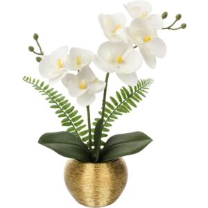 White artificial orchid in a brushed gold pot (33cm)