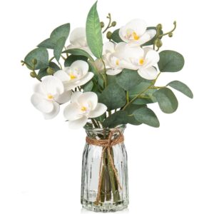 White artificial orchids and eucalyptus in a faux-water vase (37cm)