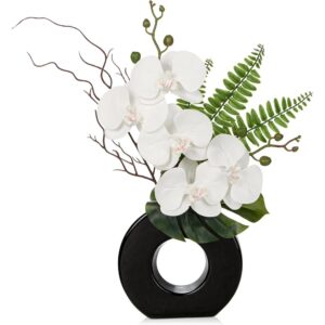 White artificial orchids in a black ring vase (41cm)