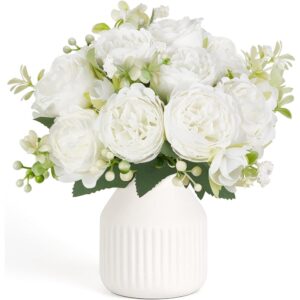 White artificial peonies in a ribbed ceramic vase (23cm)