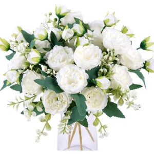 White artificial peony bouquets with buds and berries (pair, 32cm)