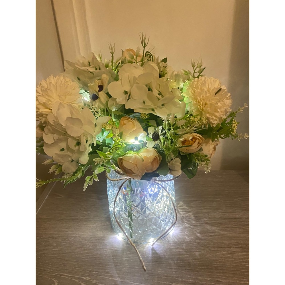 White artificial rose bouquet in a glass vase with LED lights (33cm) - Image 2