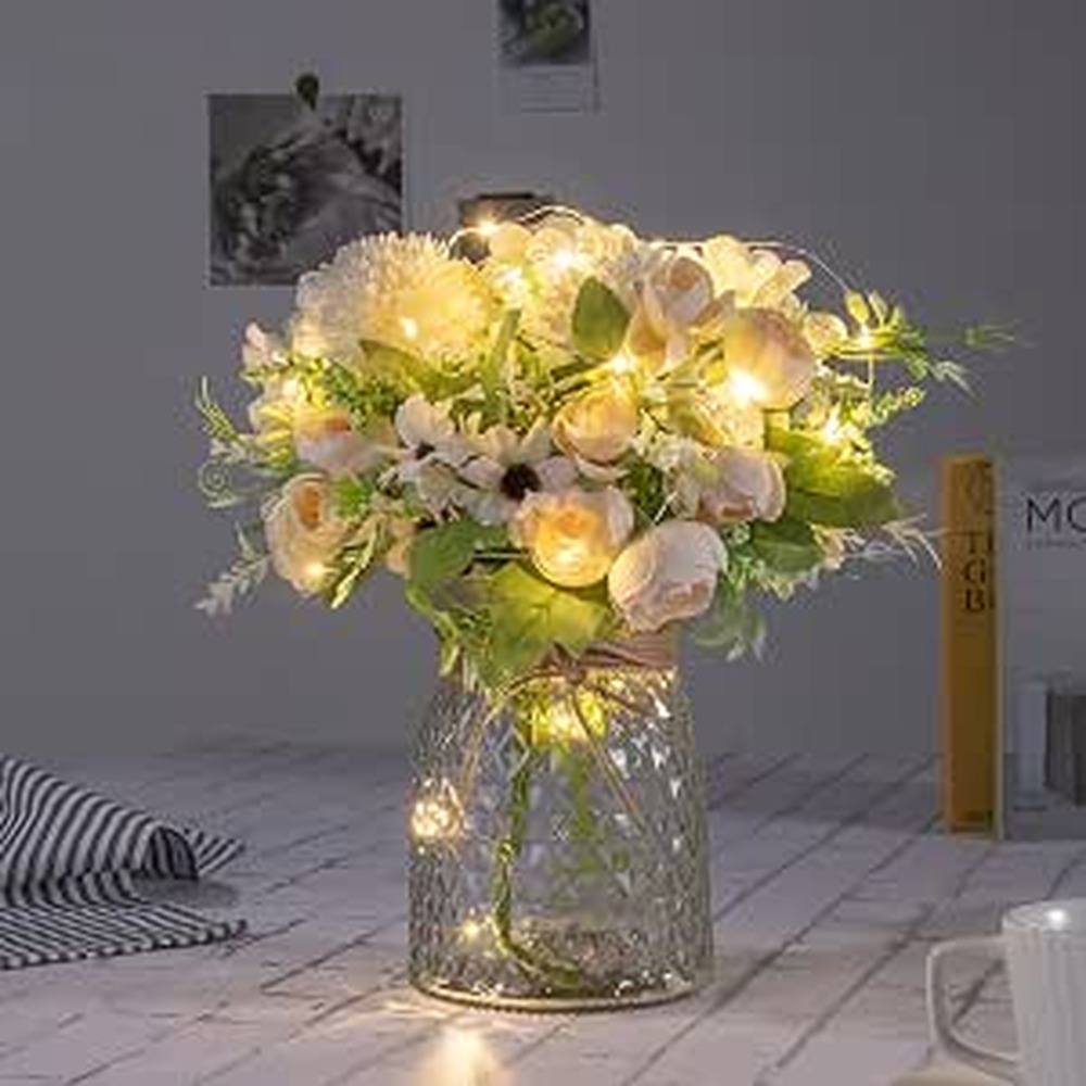 White artificial rose bouquet in a glass vase with LED lights (33cm)