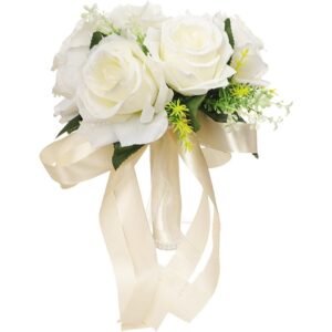 White artificial rose bridesmaid bouquet with ivory ribbon loops