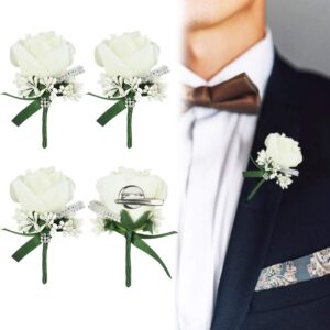 White artificial rose buttonholes with pearl sprays (set of 4)