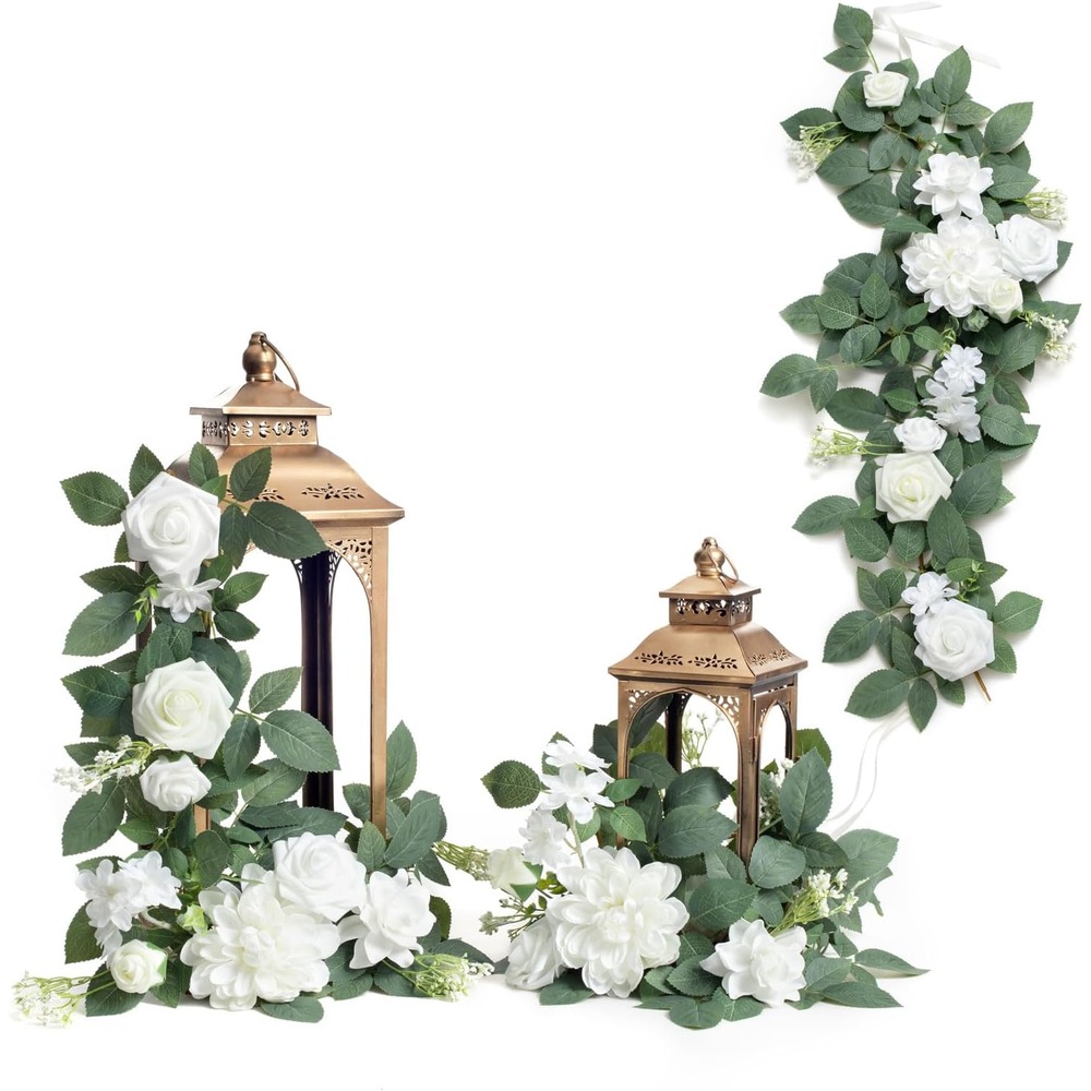White artificial rose garlands for wedding lanterns and aisle decor (set of 6)