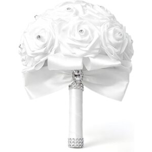 White artificial rose wedding bouquet with a satin bow and diamante detail