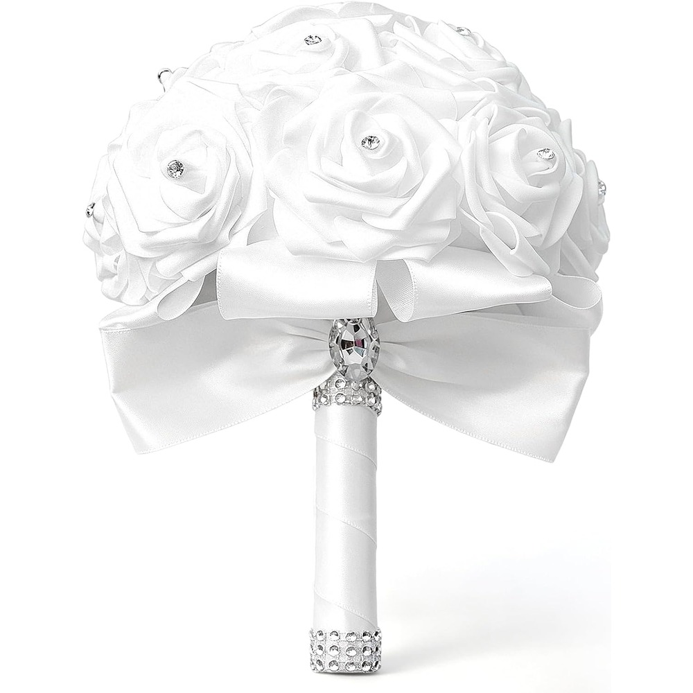White artificial rose wedding bouquet with a satin bow and diamante detail