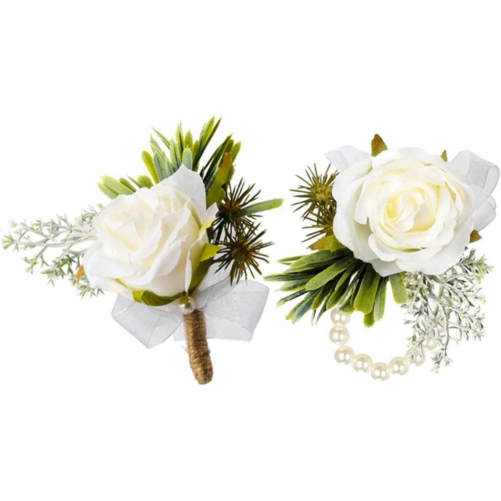 White artificial rose wrist corsage and buttonhole with greenery