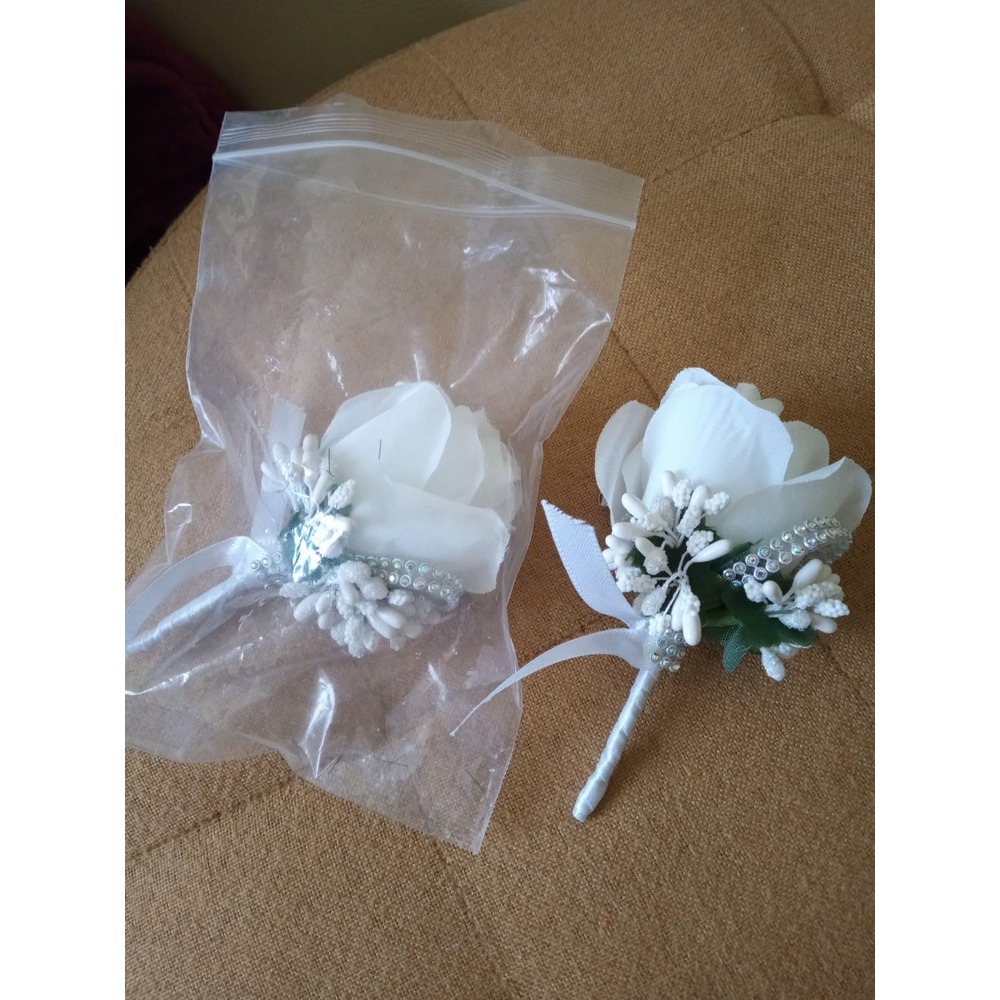 Customer photo: White artificial rosebud wedding buttonholes with sparkling trim (pair)