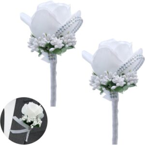 White artificial rosebud wedding buttonholes with sparkling trim (pair)