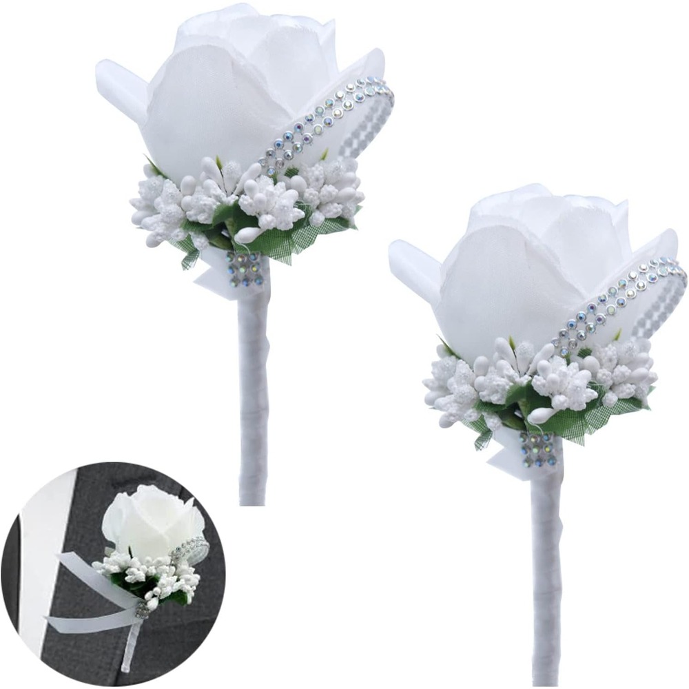 White artificial rosebud wedding buttonholes with sparkling trim (pair)