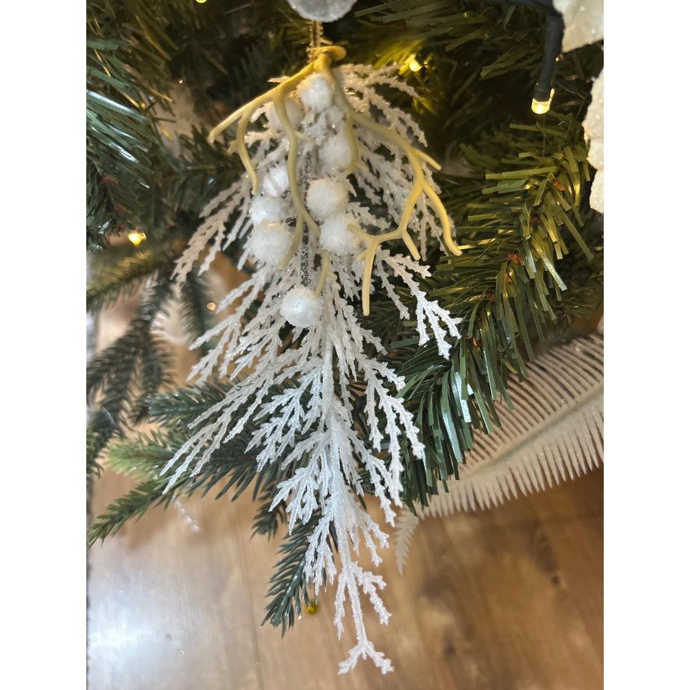 Customer display: White glitter fern Christmas sprays (12 stems, 35cm)