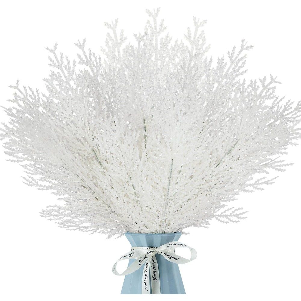 White glitter fern Christmas sprays (12 stems, 35cm)