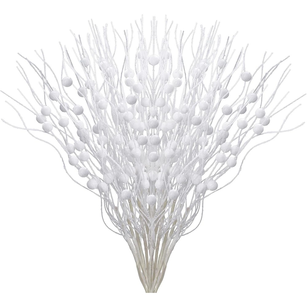 White glitter willow-style berry sprays (12 stems, 40cm)