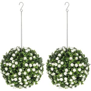 White rose artificial topiary balls with hanging chains (pair, 28cm)