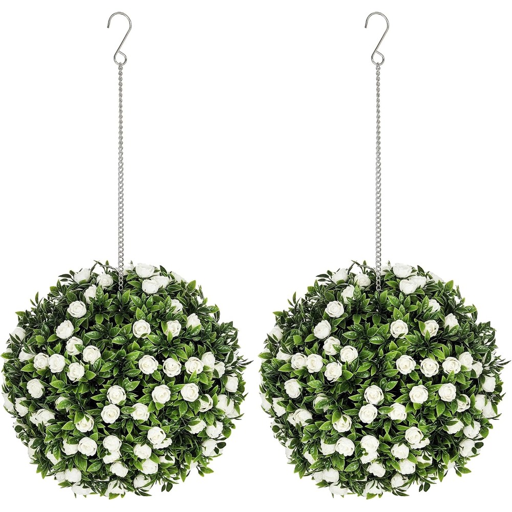 White rose artificial topiary balls with hanging chains (pair, 28cm)